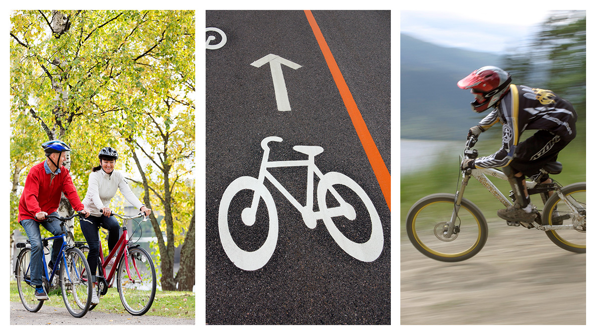 Tre bilder: En man och en kvinna som cyklar vid höstträd, en närbild på en asfalterad cykelväg med en symbol för cykel, och en person med skyddskläder och hjälm med visir som cyklar Mountain Bike i bergen. 