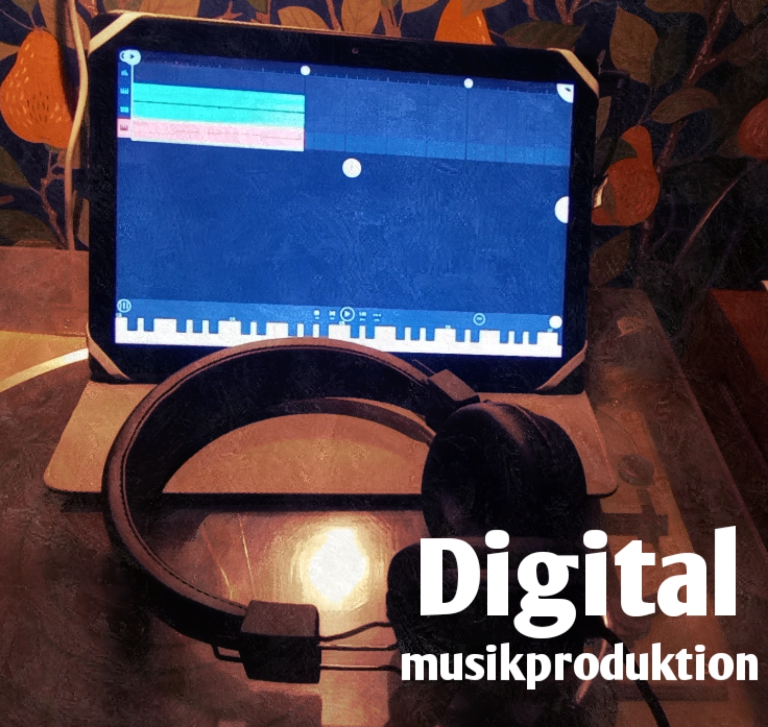 En laptop står uppfälld med ett par hörlurar liggande framför. På skärmen syns pianotangenter. På bilden står det digital musikproduktion.