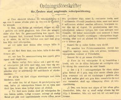 Dokument med Ordningsföreskrifter för velocipedåkning i Örebro stad 1900.
