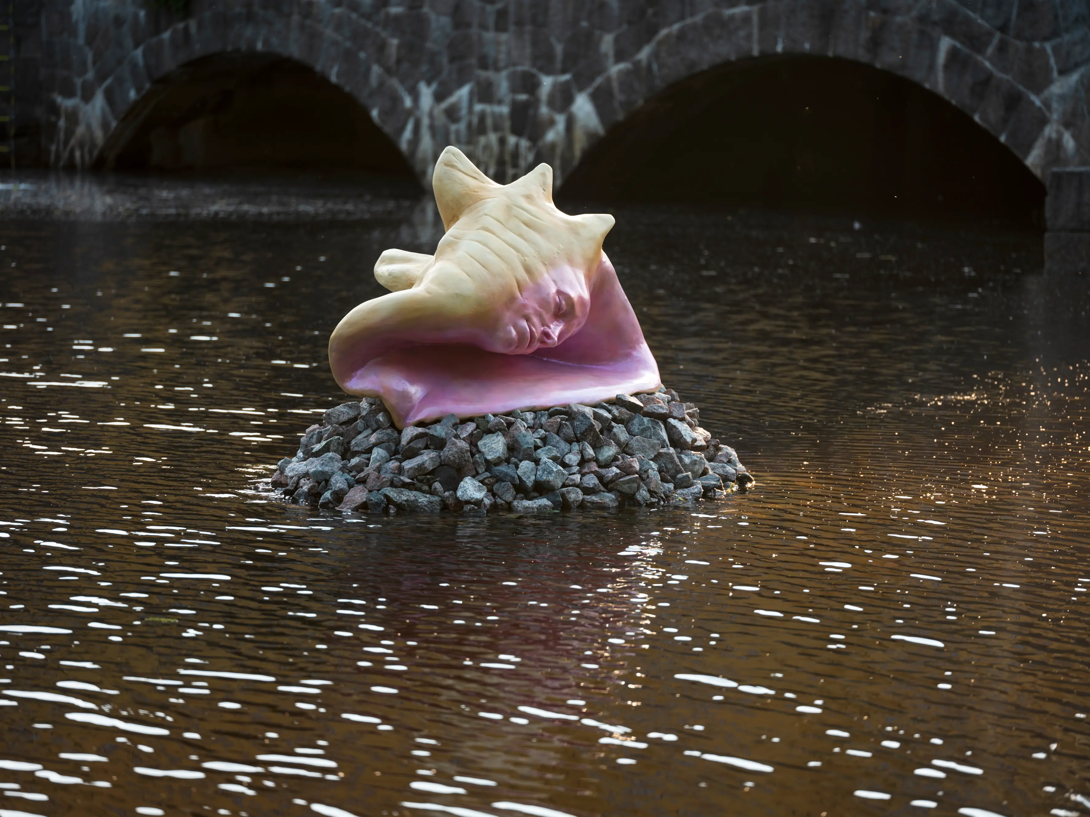 En 1 meter stor gul snäcka med ett rosa dovt ansikte ligger på en stenbädd i vattnet. 