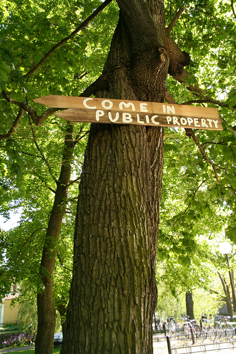 På ett träd hänger två skyltar som pilar i trä. Den högst upp står det COME IN på och den under PUBLIC PROPERTY.