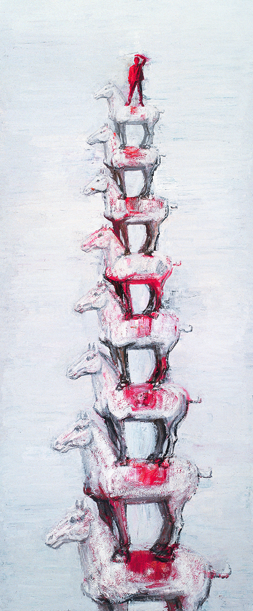 En målning av åtta hästar som står på varandra i storleksordning och högst upp står en liten röd människa.