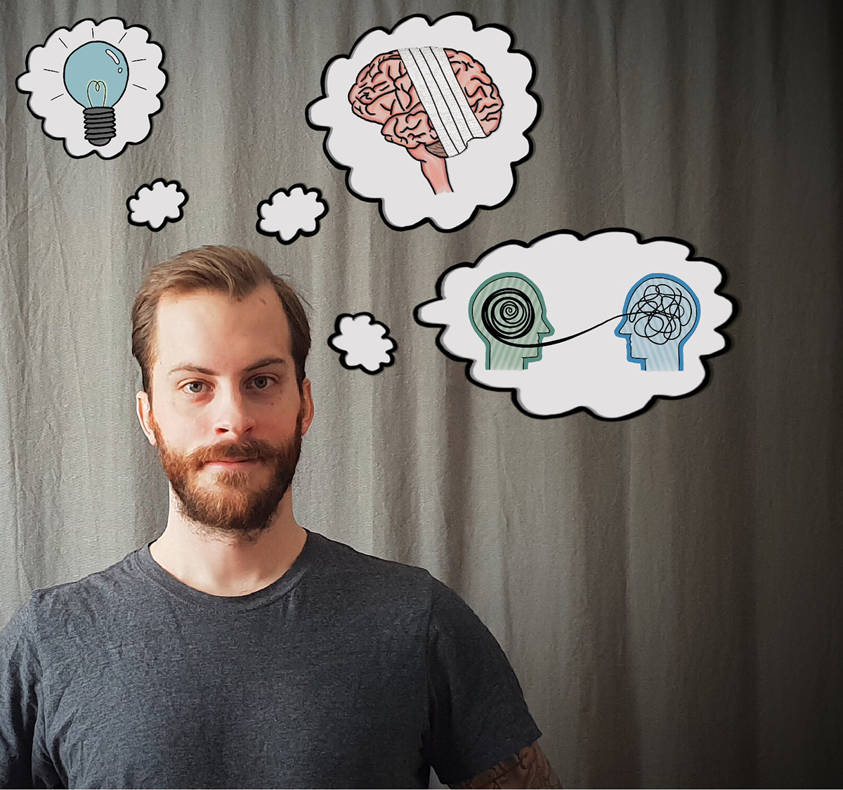 Jonathan Gustafsson omgiven av tecknade tankebubblor mot en grå bakgrund.