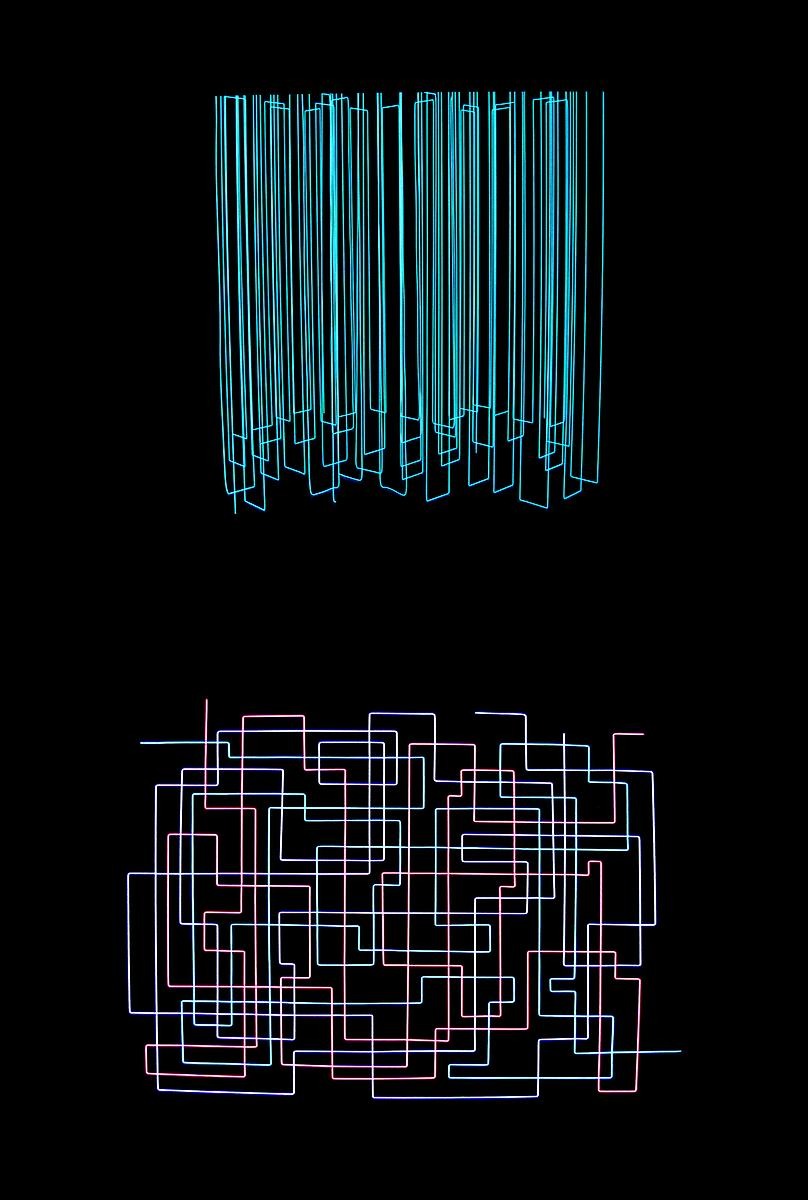 En grafisk design med svart bakgrund och neonliknande streck som bildar två mönster.