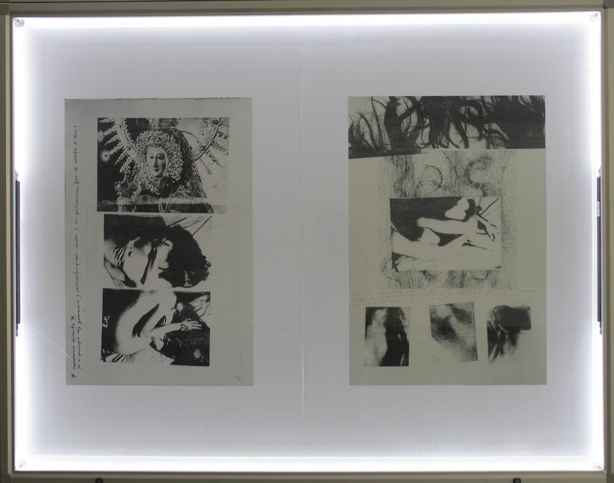 Två svartvita bild kollage i tryck. Bilderna föreställer nakna människor i olika positioner. 