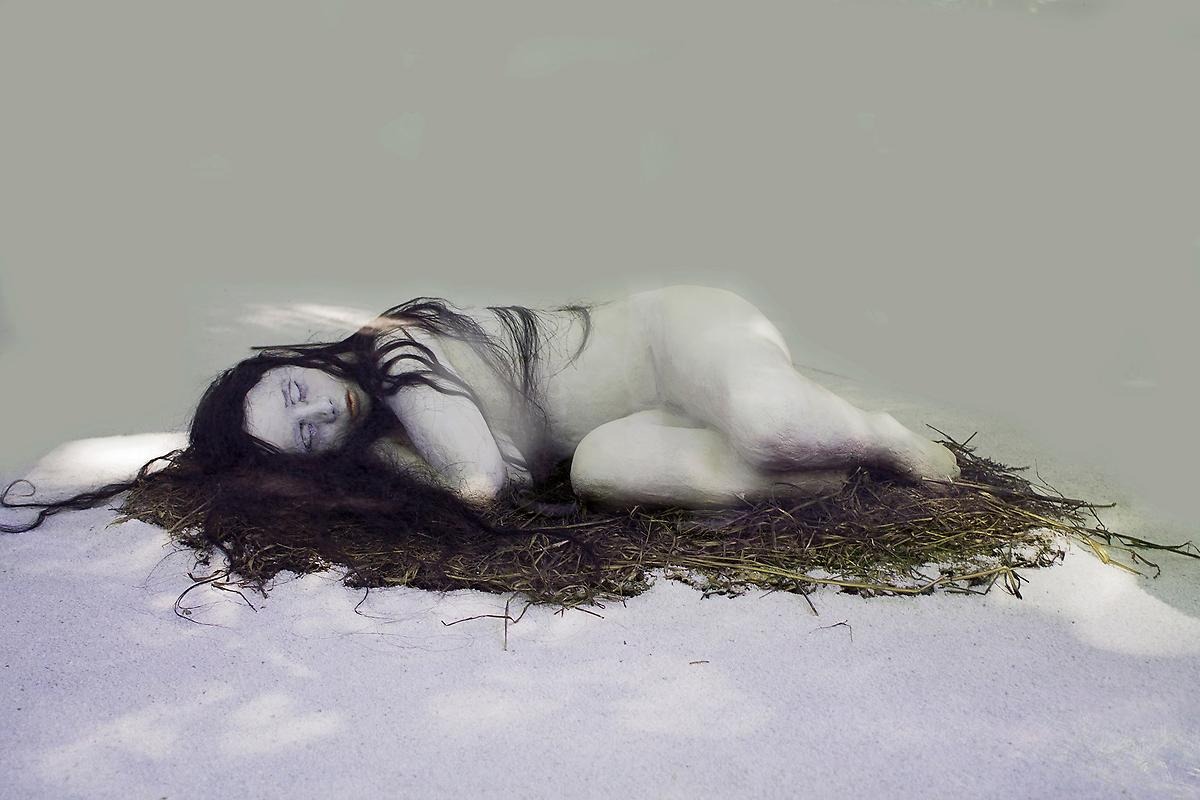 På ett sandliknande underlag ligger en vit naken kvinna med svart hår. Mellan henne och sanden ligger pinnar och alger som kan hittas på strandkanterna. Detta tillsammans med den gråmintfärgade bakgrunden får beskådaren att uppfatta att kvinnan blivit uppspolad på stranden. 