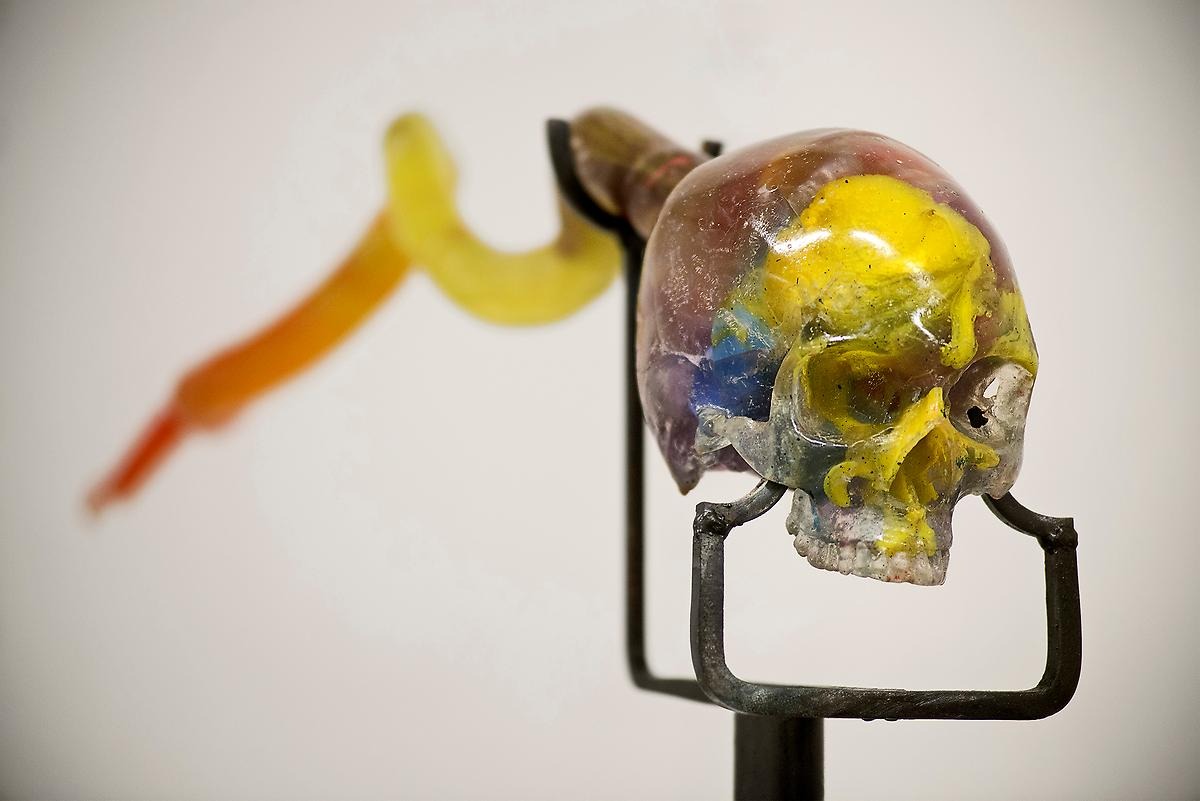 En gul genomskinlig dödskalle i glas med en lång svans hänger på en stålställning.
