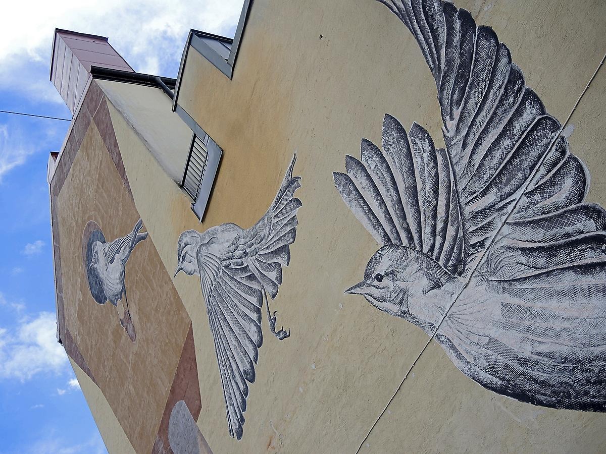 En ljus brun/gul färgad husfasad har blivit utsmyckad med en väggmålning av en brun fågelholk samt tre gråa realistiska fåglar som flyger emot holken.