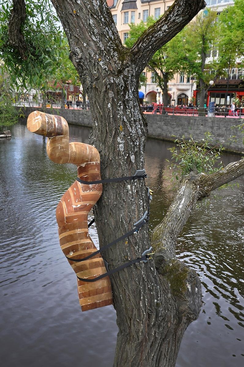 På ett träd vid Svartån sitter en rund avlång skulptur i olika trädslag fastspänd.