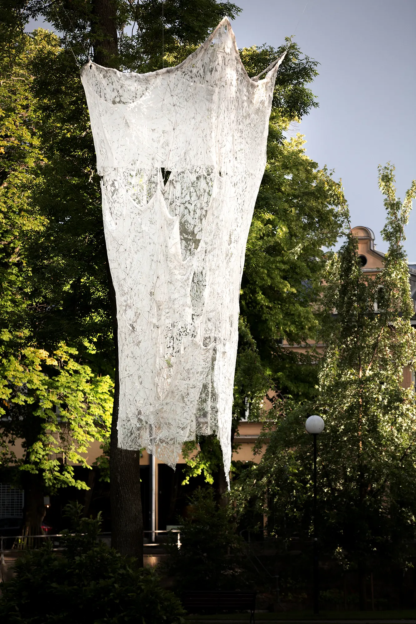 Från ett träd hänger en installation bestående av ett vitt föremål som ser ut som ett stort lakan eller draperi med ojämn yta. Ytan ser sliten ut och är full av små genomskinliga hål