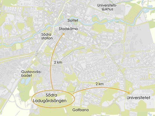 Karta över Södra ladugårdsängens läge i staden