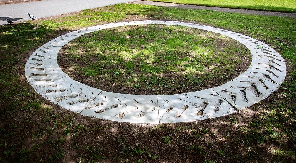 Buried in the grass of a park is a large circle placed. The circle is made of concrete and traces of a tractor tire are visible in the concrete, which makes the entire work of art look like a tractor tire made of concrete.