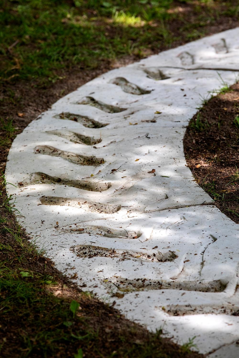 Close-up of a large circle buried in the grass in a park. The circle is made of concrete and traces of a tractor tire are visible in the concrete, which makes the entire work of art look like a tractor tire made of concrete.