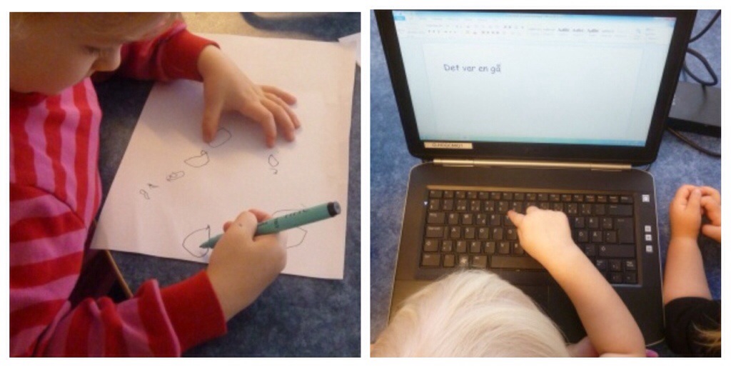 Barn skriver för hand och på dator