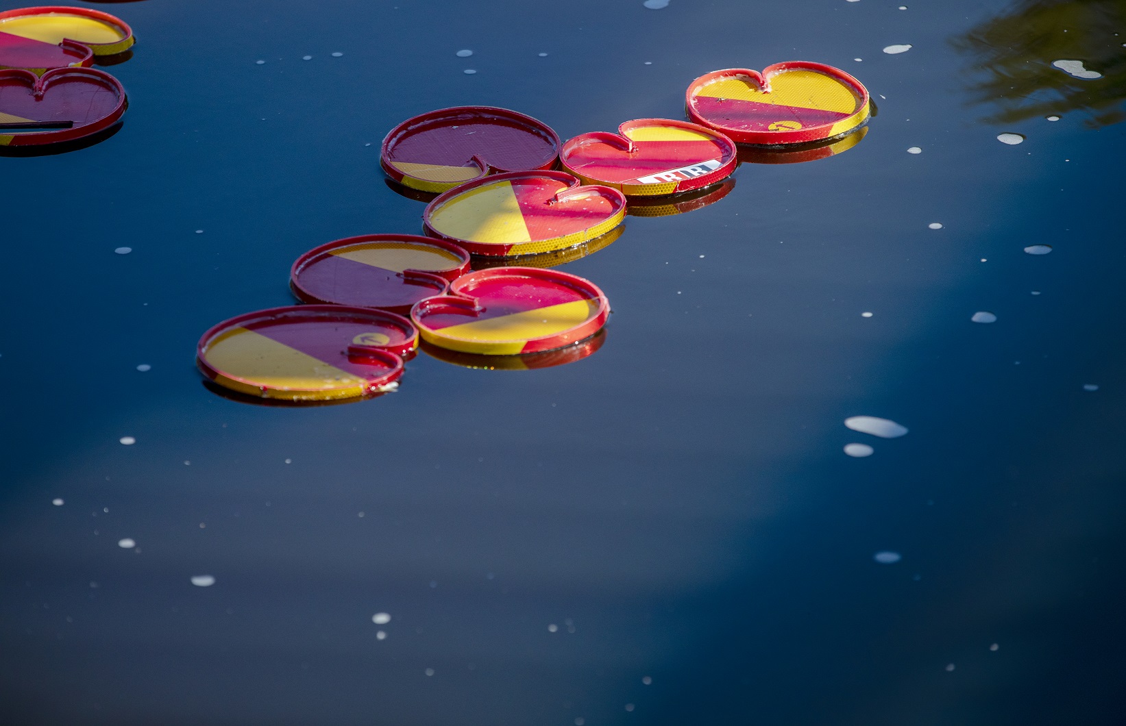 Water lilies made of warning signs lie and float on the water in Svartån.
